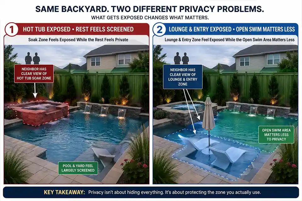 Comparison showing a hot tub soak zone and a pool lounge zone as the two most important exposed areas in a backyard privacy problem