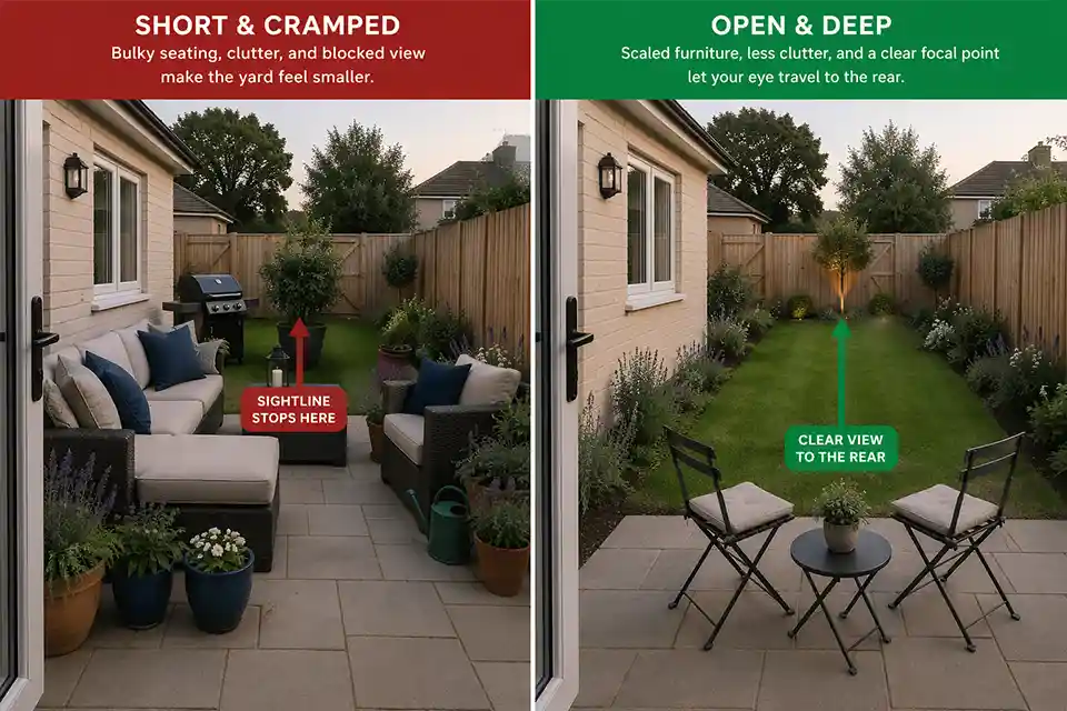 Side-by-side view of the same small backyard showing a blocked short sightline versus a longer clearer sightline