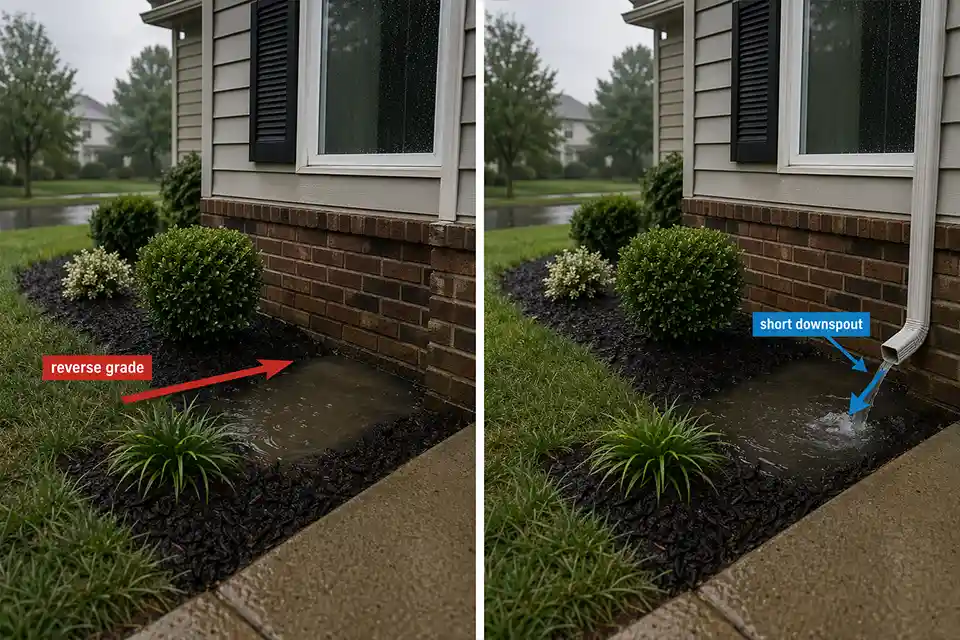 Comparison with smart labels showing front yard pooling caused by reverse grading versus a short downspout near the house