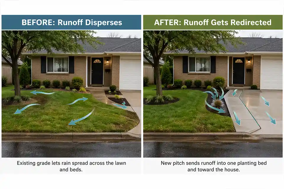 Front yard comparison showing runoff dispersing before hardscaping and concentrating toward one bed after new paving