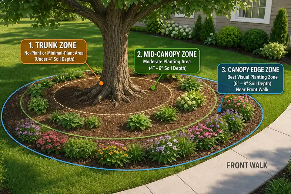Diagram of a front yard tree bed showing trunk zone, mid-canopy zone, canopy edge, root density, and planting depth limits