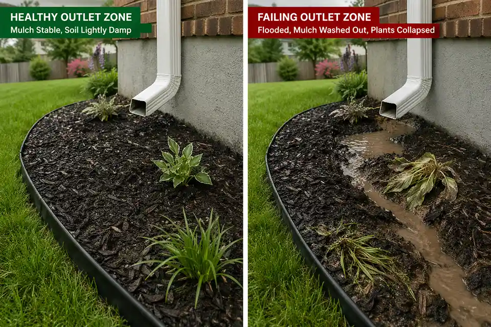 Comparison of a stable backyard planting bed and a flooded downspout outlet bed with mulch washout