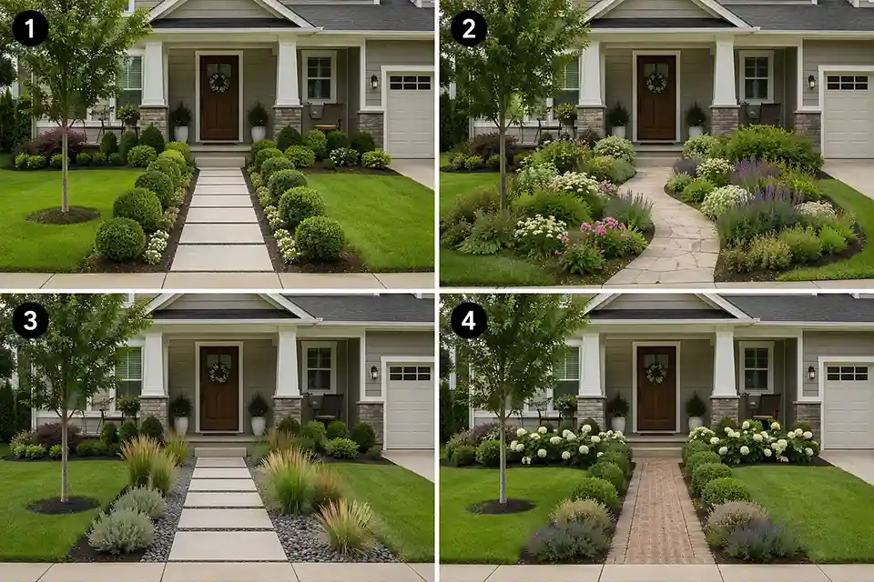 Comparison of four front yard walkway looks for the same front door entry