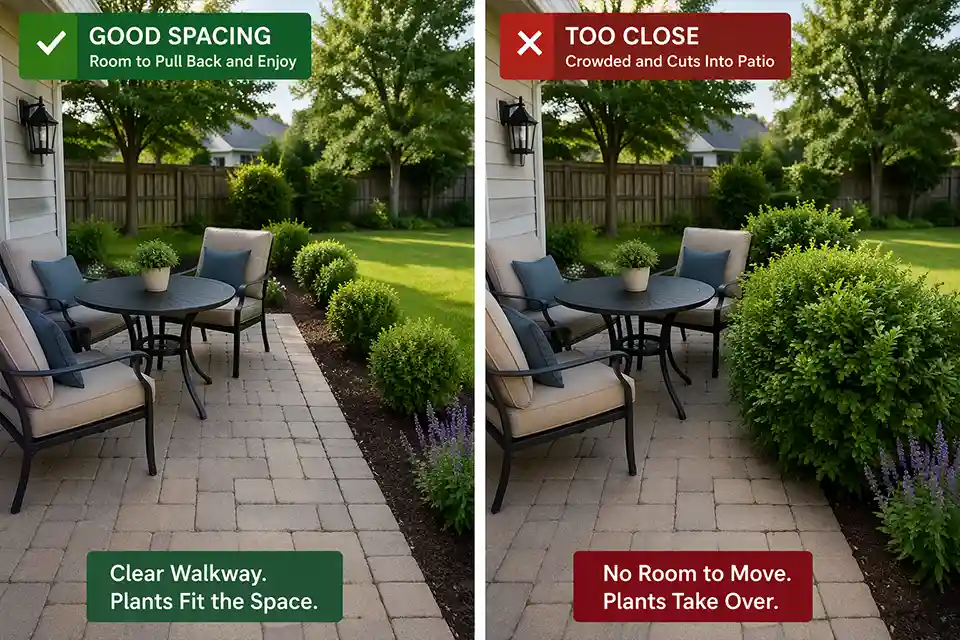 Comparison of properly spaced shrubs and oversized shrubs crowding a backyard patio edge