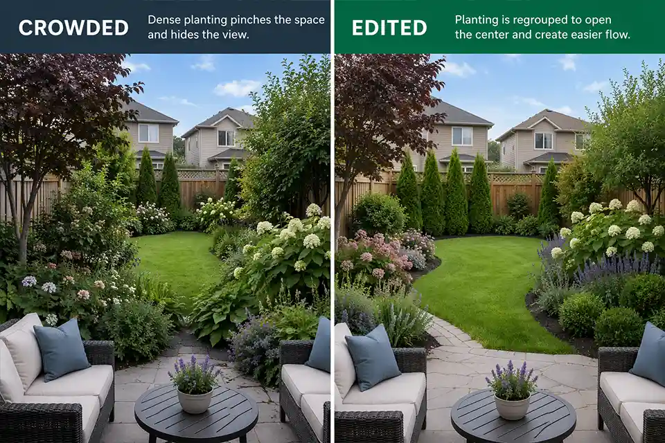 Same small backyard shown with crowded planting on one side and simplified planting with clearer open space on the other