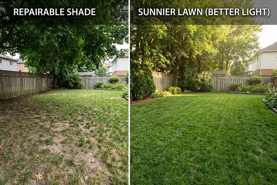 Side-by-side backyard lawn comparison showing patchy grass in deep shade and fuller grass in better light