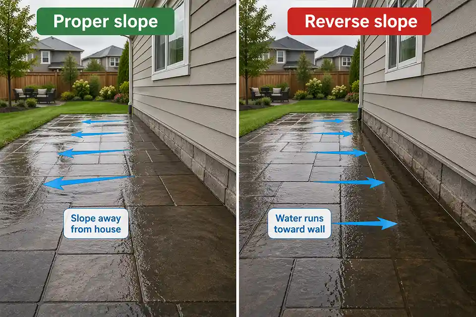 Side-by-side comparison of a properly sloped patio and a reverse-sloped patio pooling water against a house