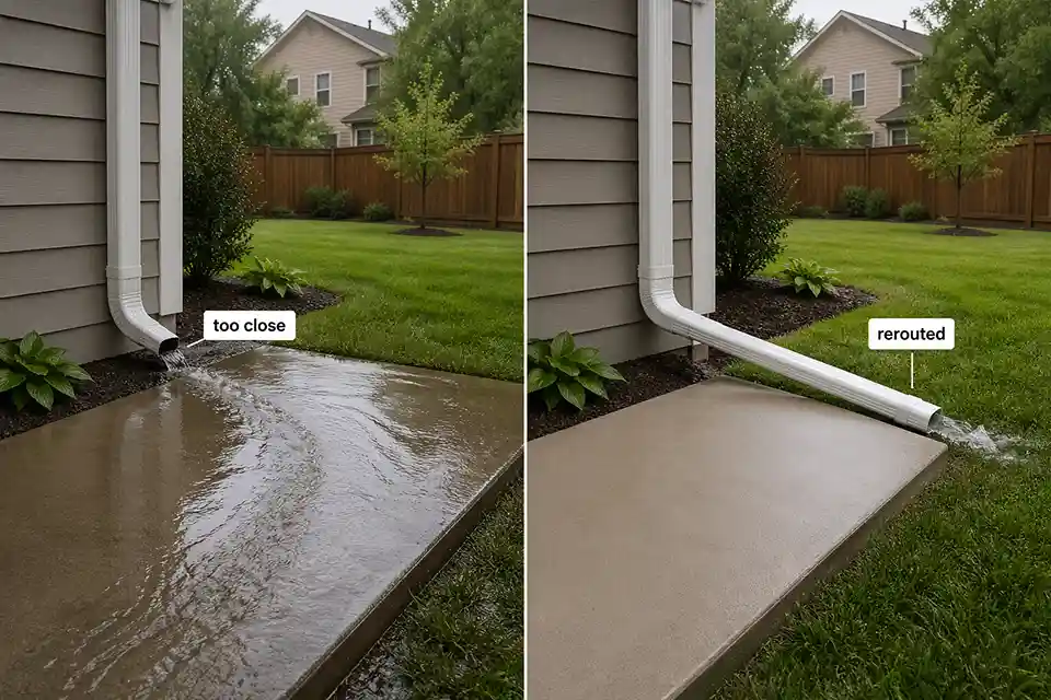 Comparison showing three patio runoff patterns: a narrow crossing line, downspout-fed runoff, and water entering at one corner low spot.