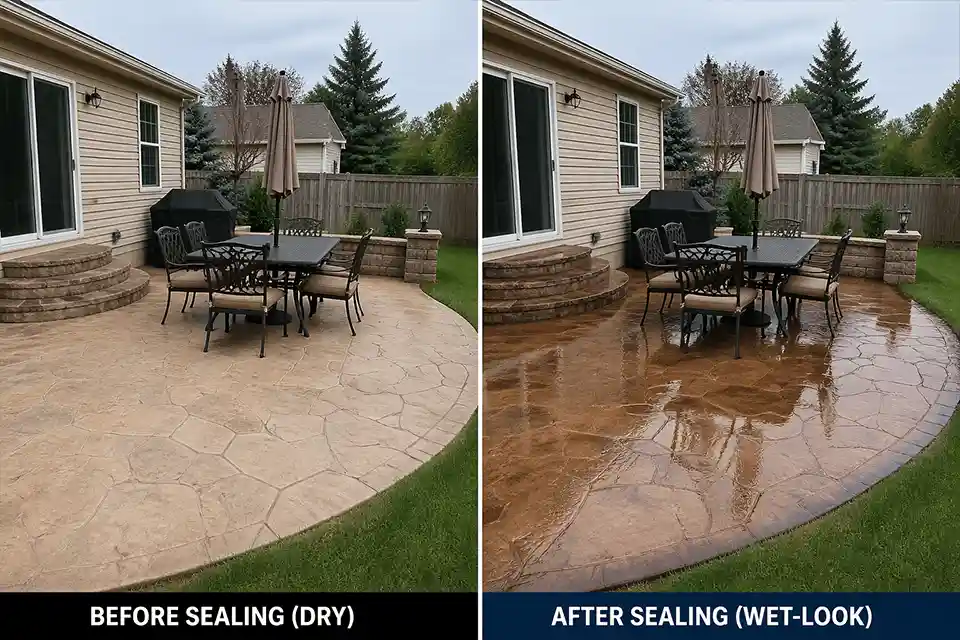 Comparison of a dry patio with normal traction and a wet sealed patio with slippery sheen and dark staining