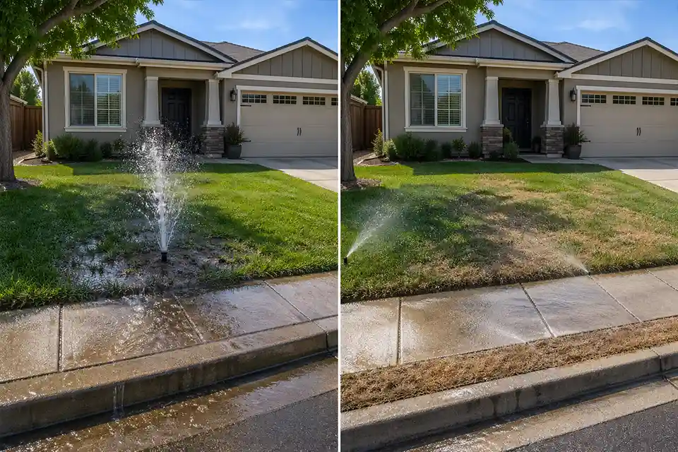 Side-by-side front yard showing a broken sprinkler head causing a soggy patch and uneven coverage causing a dry curb strip