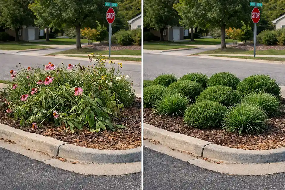Comparison of a windy corner lot bed with floppy damaged flowers versus compact shrubs and grasses holding shape