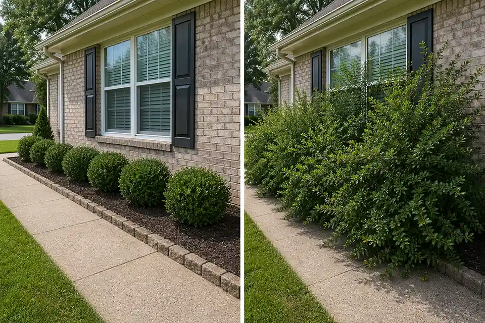 Comparison of compact front yard shrubs that fit a narrow bed versus oversized shrubs crowding a front walkway and front windows