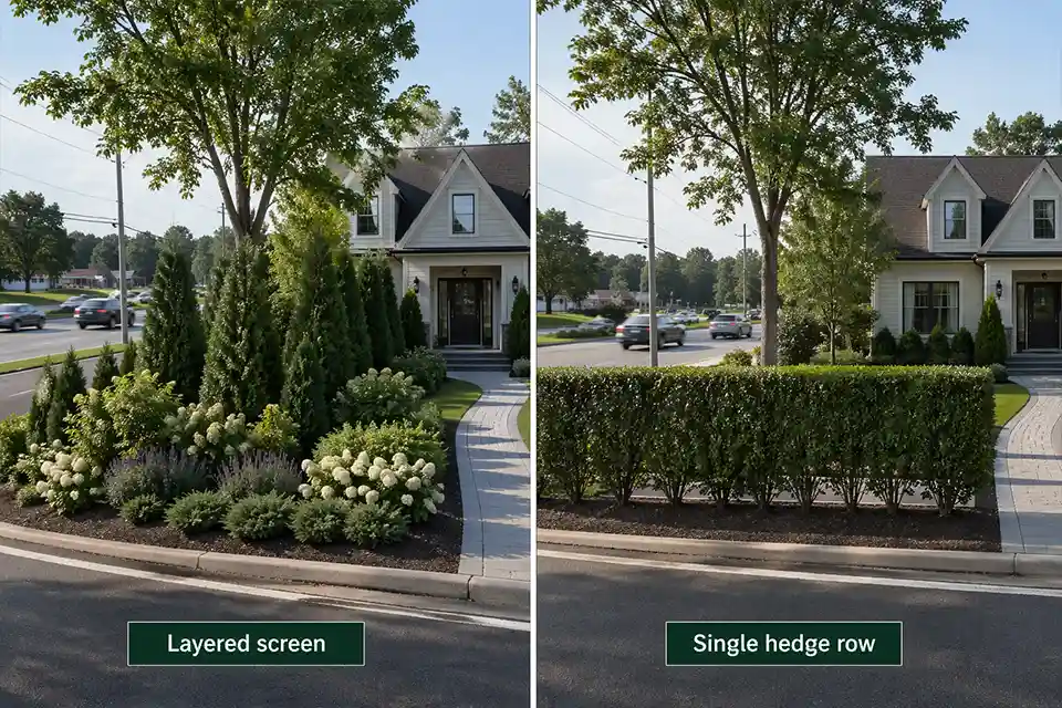 Comparison of a layered front yard shrub screen and a flat hedge row for blocking a busy road view without a fence.