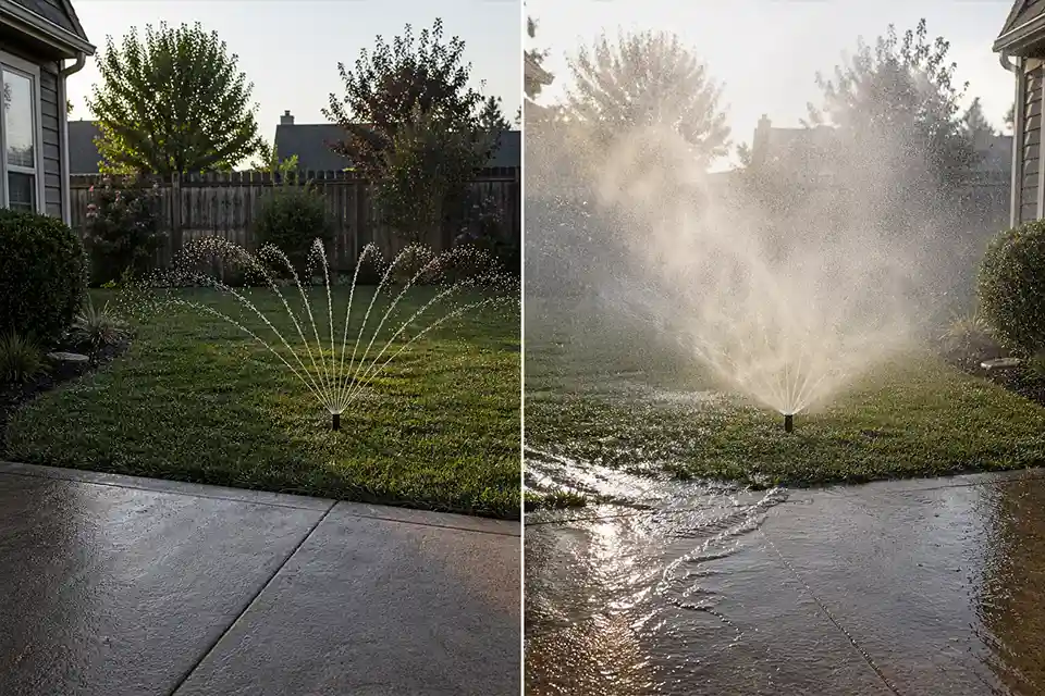 Comparison of efficient backyard sprinkler coverage and wasteful summer irrigation with overspray and runoff