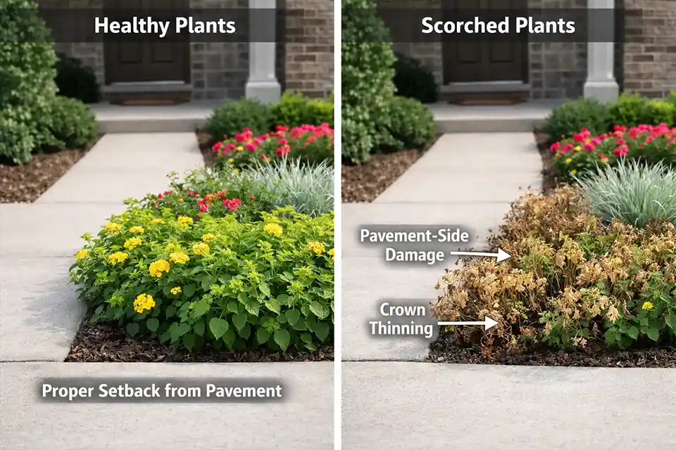 Side-by-side comparison of healthy and heat-damaged front walkway plants showing scorch concentrated on the concrete-facing side