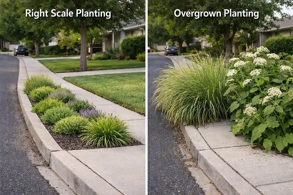 Comparison of a narrow curbside strip planted with compact low plants versus oversized plants spilling into the sidewalk