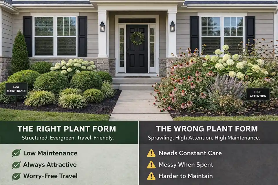 Comparison of a tidy structured front yard bed and a floppy bloom-heavy front yard bed that needs frequent upkeep