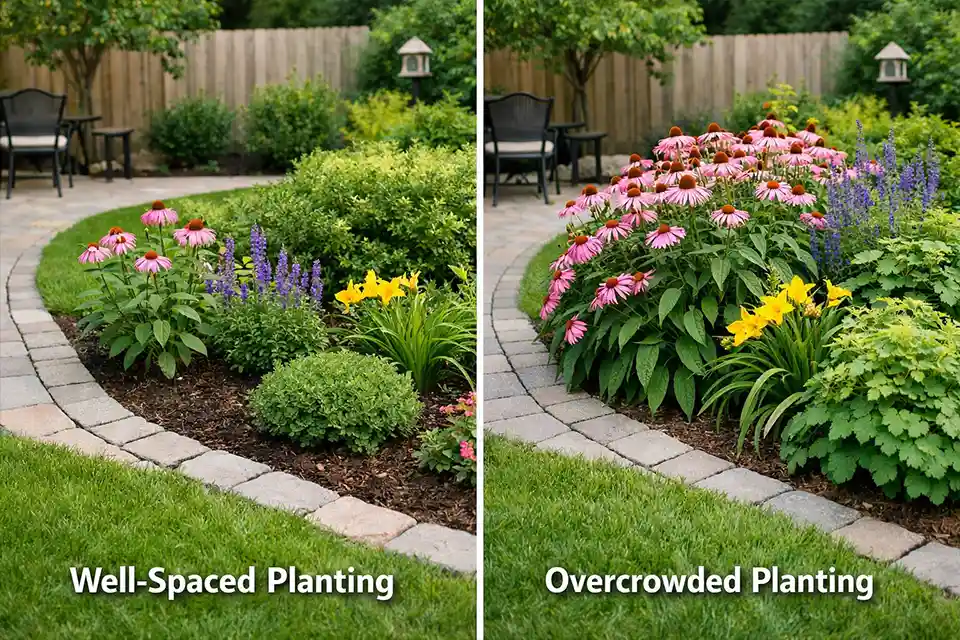 Comparison of a properly spaced small garden bed and an overplanted bed crowding a family path
