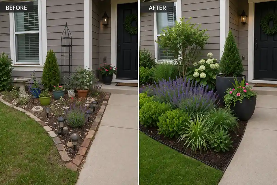 Before-and-after small front garden showing cluttered mixed materials replaced by fuller planting, larger containers, and a cleaner edge line.