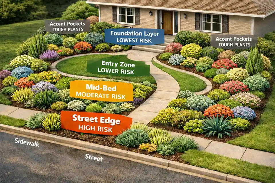 Diagram of front yard deer-risk zones showing tougher plants at the street edge and foundation with limited accents near the entry