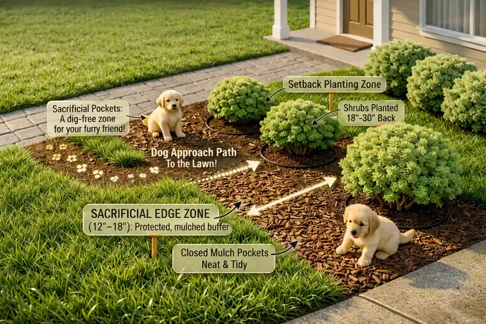 Diagram of a front yard planting bed showing a sacrificial edge zone, setback shrubs, and the dog’s main digging approach path