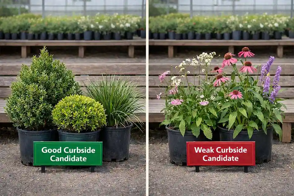 Comparison of sturdy compact nursery plants suited for busy streets versus floppy delicate plants that fail near the curb