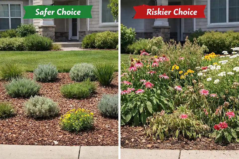 Side-by-side front yard comparison of well-spaced low-water plants and overcrowded thirsty plants under watering restrictions