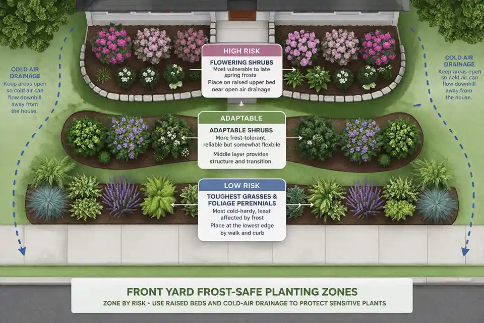 Diagram of a front yard planting layout showing safer placement for flowering shrubs and tougher plants in frost-prone zones