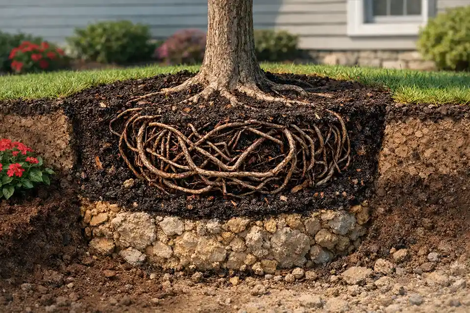 Cutaway of a front yard planting hole with roots trapped in amended soil above hard shallow subsoil