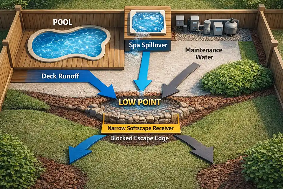 Site diagram showing pool deck runoff, spa spillover, and maintenance water converging into one low backyard receiving zone