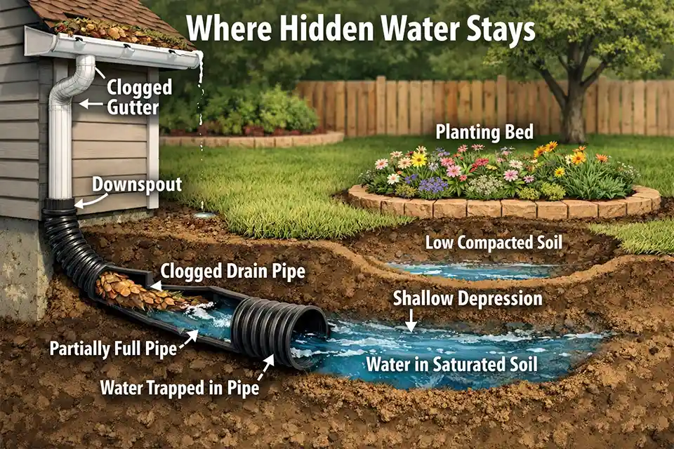 Diagram showing backyard runoff trapped in a low bed and inside a corrugated downspout drain extension where mosquitoes can breed