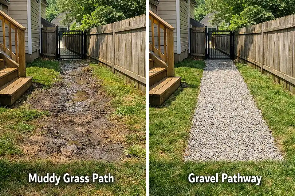 Side-by-side comparison of a muddy dog traffic path in grass versus a stable compacted backyard dog route