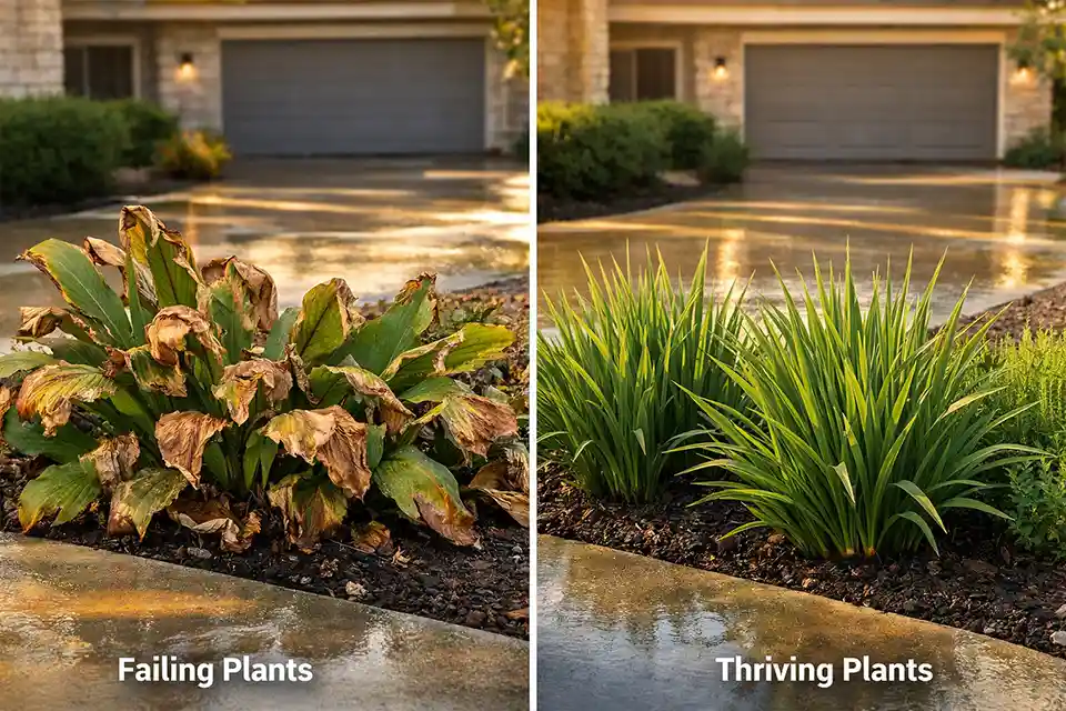 Side-by-side front yard bed showing heat-tolerant plants succeeding and broad-leaf tender plants scorching in afternoon sun