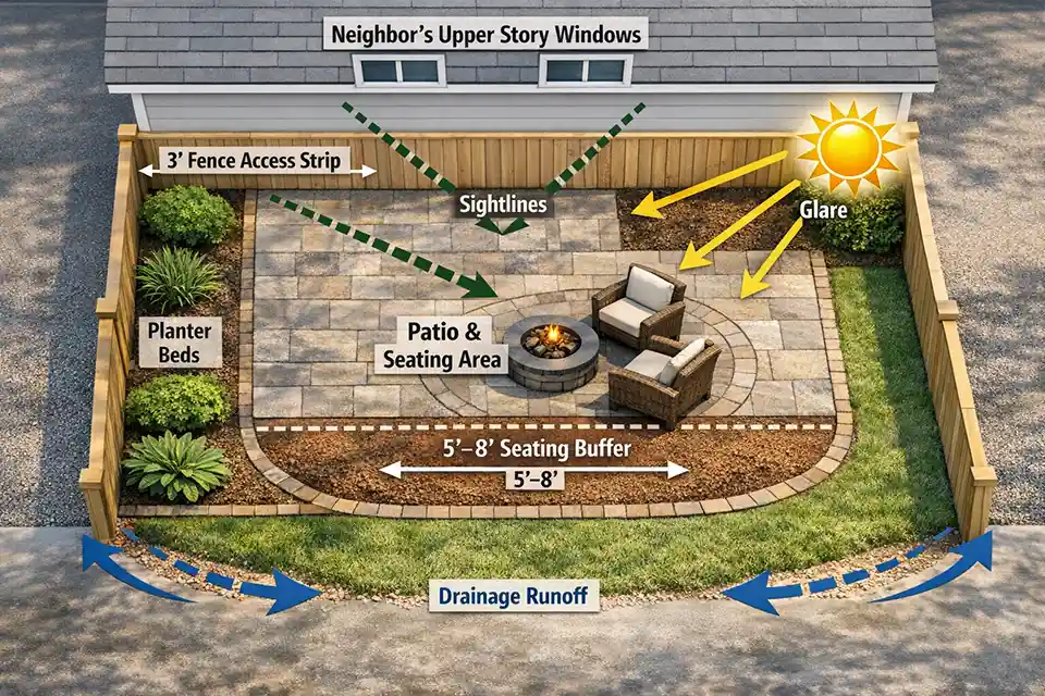 Top-down shared-fence backyard diagram showing a 3-foot fence-access strip, a 5-to-8-foot seating buffer, upper-story sightlines, and runoff direction.