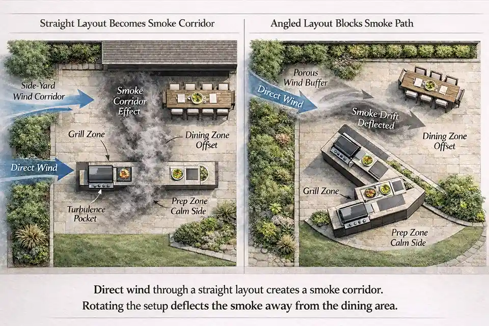 Annotated backyard diagram showing how wind direction, smoke path, prep side, and dining placement affect outdoor kitchen performance in windy yards.
