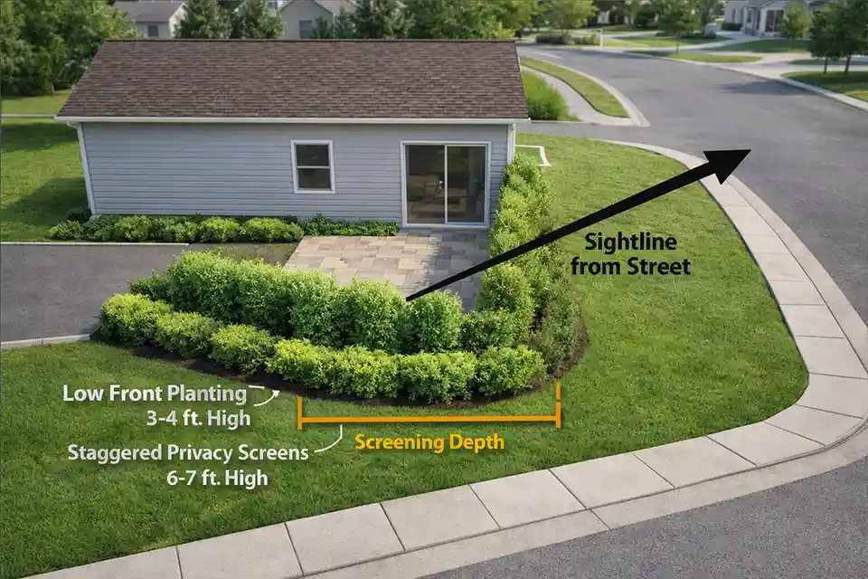 Top-down diagram of a corner-lot backyard showing a diagonal street sightline blocked by low planting in front and a taller staggered privacy screen behind
