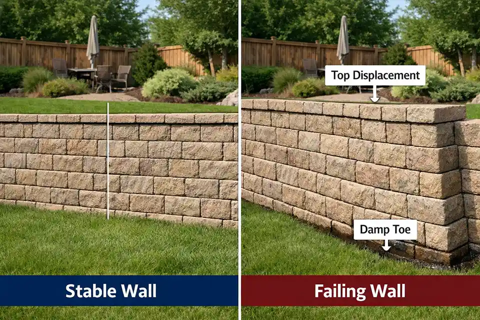 Side-by-side comparison of a straight retaining wall and a bowed retaining wall with reference lines in the same backyard view