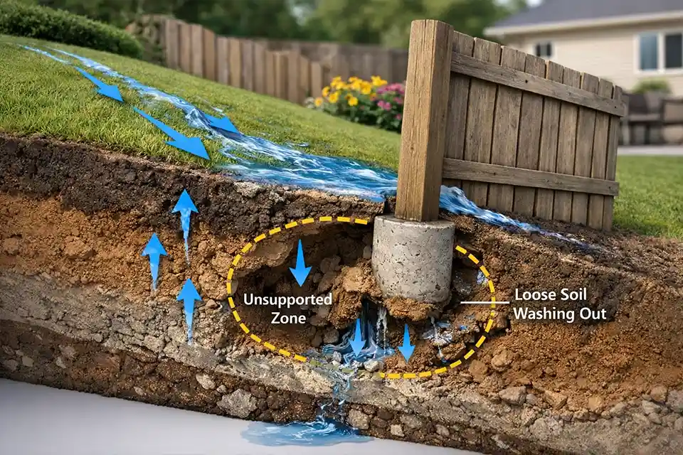 3D cutaway of a sloped backyard fence line showing runoff washing soil away from around a fence post footing