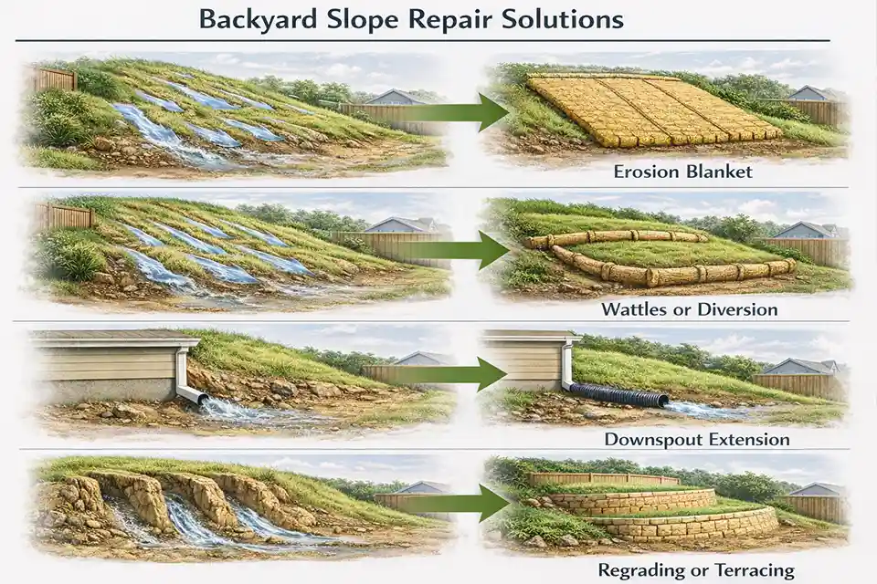 Decision diagram showing which repair matches light surface wash, repeated sheet flow, point-source discharge, and recurring gullies on a sloped backyard.