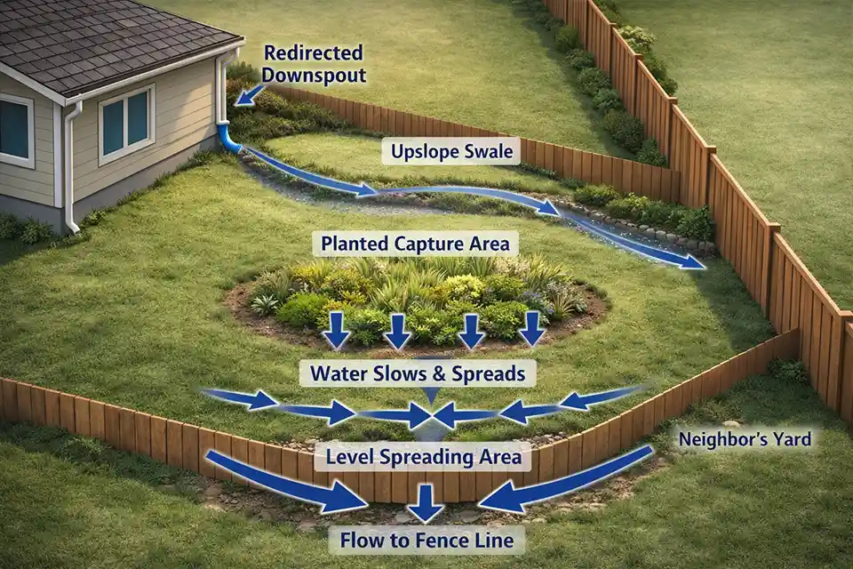 Diagram of a sloped backyard showing redirected downspout, swale, and capture bed stopping runoff before it reaches a neighbor’s yard