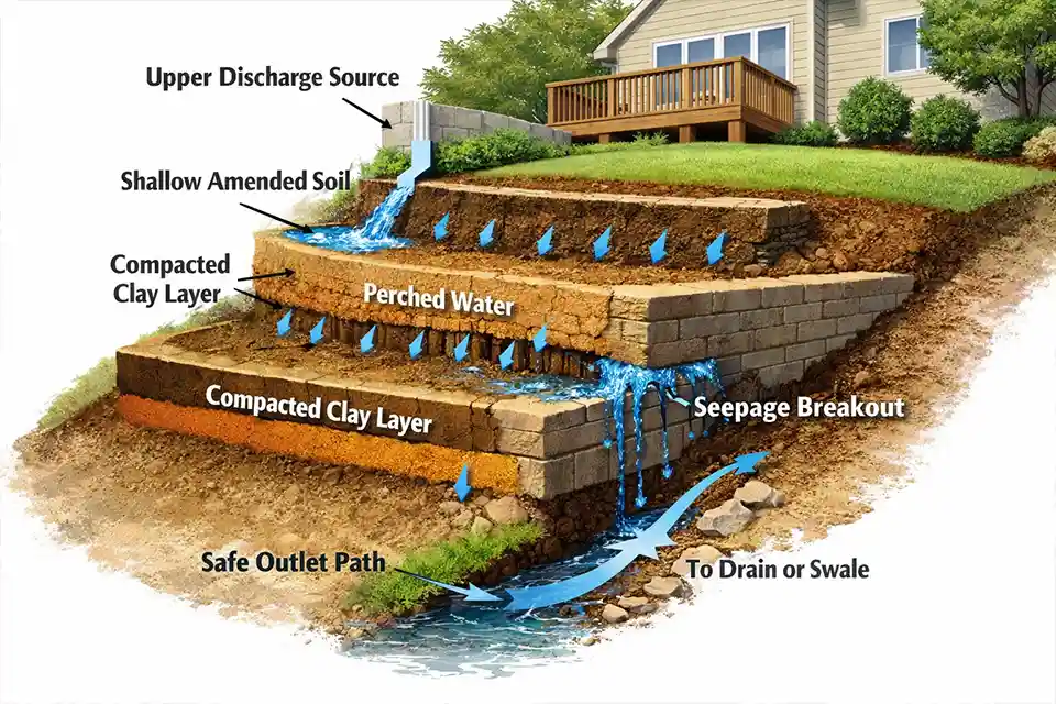 Diagram of runoff, perched water, seepage breakout, and the first failing tier in a steep tiered backyard