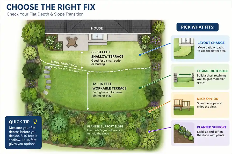 Diagram showing how flat depth and slope transition determine whether a sloped backyard needs layout changes, terrace expansion, a deck, or a planted support slope.