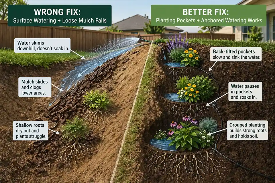 Diagram showing why surface watering and loose mulch fail on a sloped backyard bank and how planting pockets help water stay near roots