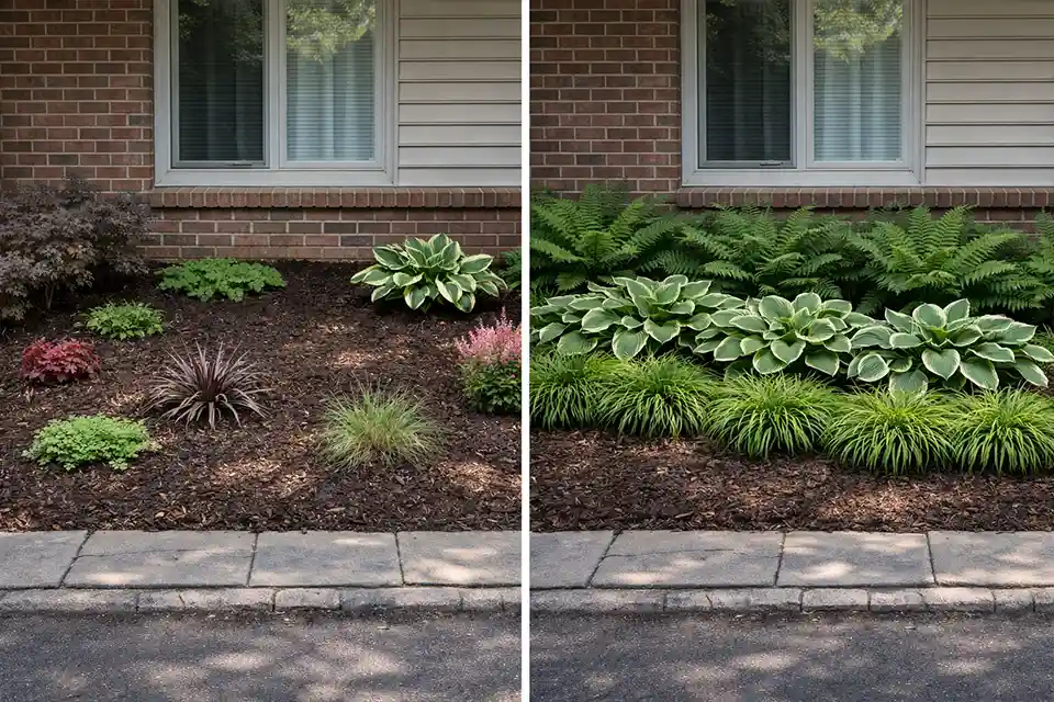 Comparison of a shaded front yard bed with sparse random planting versus a layered repeated planting layout
