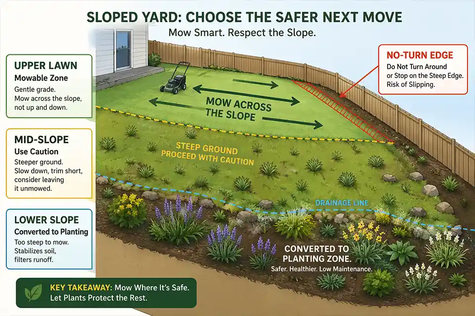 Diagram showing mowable lawn zone, caution zone, and planted no-mow zone on a sloped backyard