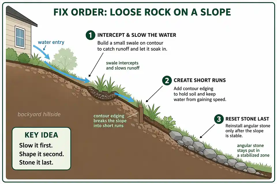 Diagram showing water interception, contour breaks, and angular stone placement for fixing loose rock on a sloped backyard hillside