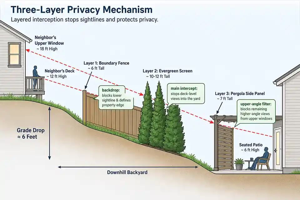 Side-view diagram showing how three privacy layers block deck and window views into a sloped backyard patio