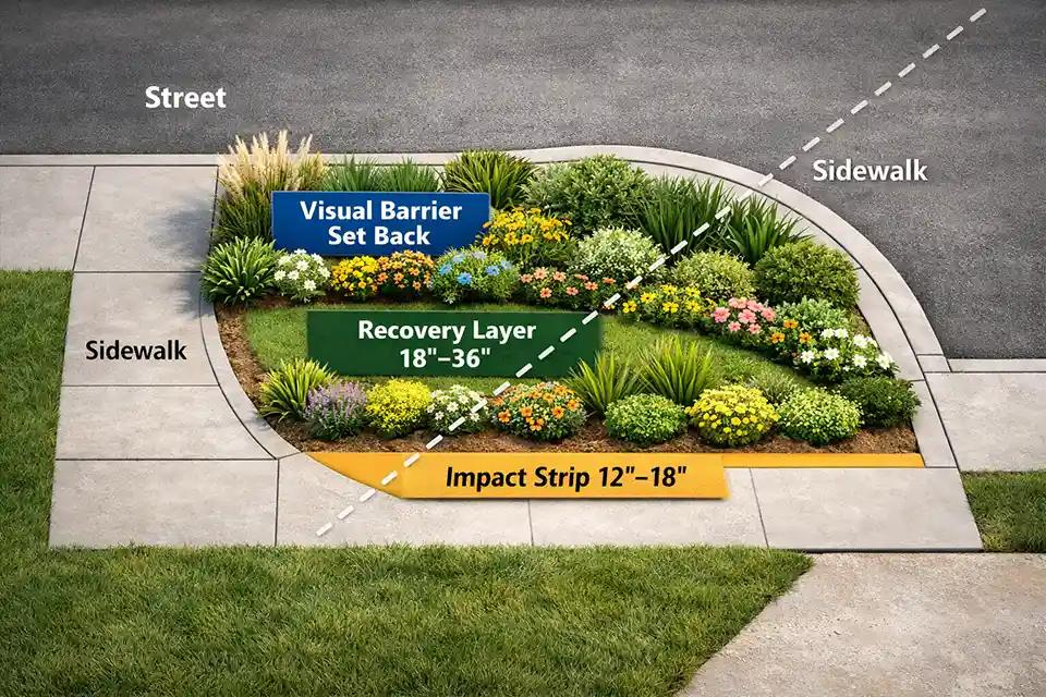 Top-down diagram of a front yard sidewalk bed with impact strip, recovery layer, and setback visual layer for shortcut traffic