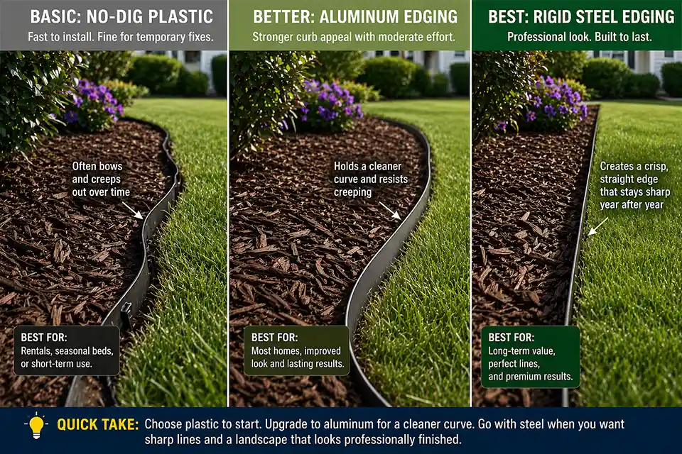 Three-panel comparison showing bowed no-dig plastic edging, cleaner aluminum edging, and crisp rigid steel edging in the same front-yard bed layout