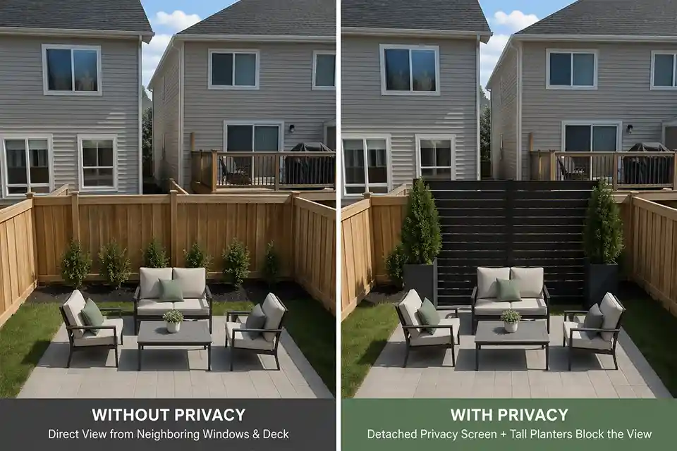 Side-by-side comparison of an exposed new construction patio and the same patio with a detached privacy screen and tall planters
